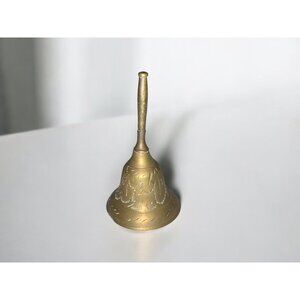 Vintage Brass Handbell With Etched Floral Design For Home Decor Or Collectibles